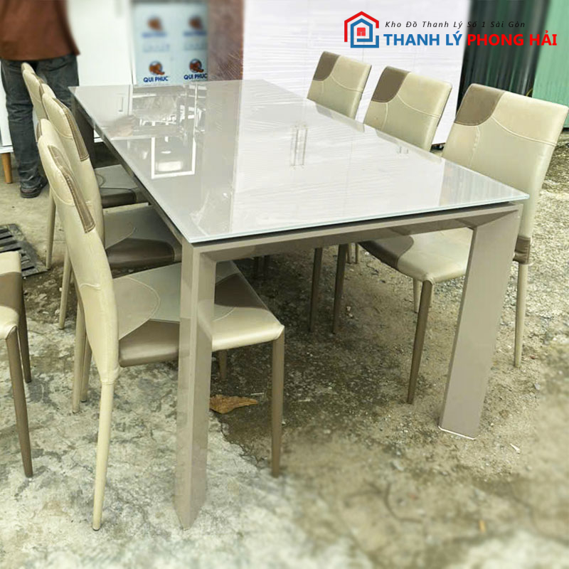 bo-ban-an-mat-kinh-2m1-kem-10-ghe-da-cu-2 Bộ Bàn Ăn Mặt Kính 2m1 Kèm 10 Ghế Da Cũ