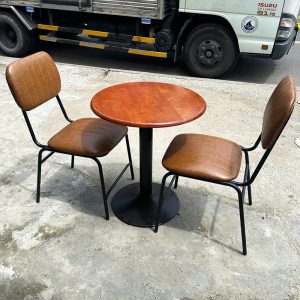 Bộ Bàn Ghế Cafe Tròn Ghé Bọc Da Nâu Mới 99%