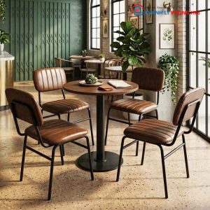 Bộ Bàn Ghế Cafe Tròn Ghé Bọc Da Nâu Mới 99%