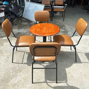 Bộ Bàn Ghế Cafe Tròn Ghé Bọc Da Nâu Mới 99%
