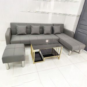 Bộ Sofa Bed Bọc Da Góc L Màu Xám Mới 99%