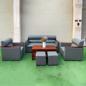 Bộ Sofa Da Xám Phối Tay Gỗ Mới 99%