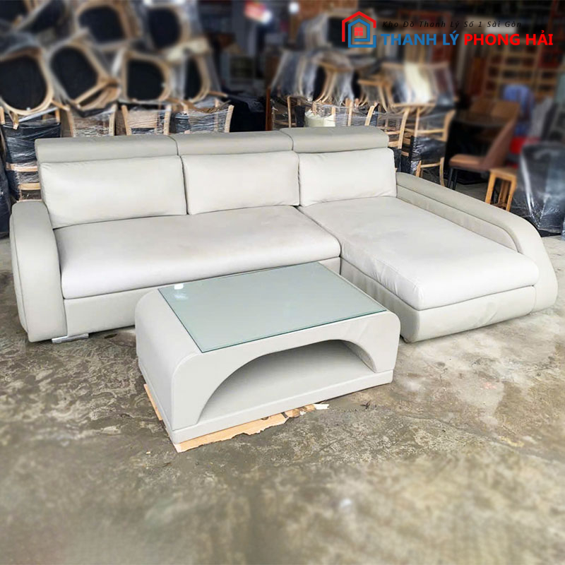 bo-sofa-goc-l-2m8-da-boc-mau-sang-cu-2 Bộ Sofa Góc L 2m8 Da Bọc Màu Sáng Cũ