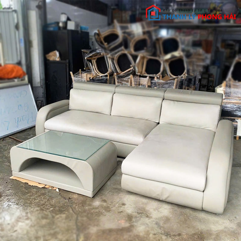 bo-sofa-goc-l-2m8-da-boc-mau-sang-cu-3 Bộ Sofa Góc L 2m8 Da Bọc Màu Sáng Cũ