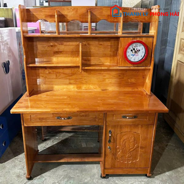 Bàn Học Sinh Gỗ Tự Nhiên 1m2 Kèm Kệ Sách Mới 99%