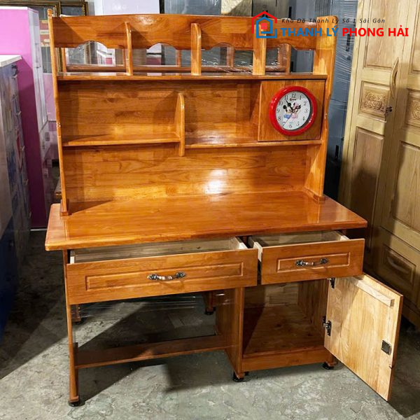 Bàn Học Sinh Gỗ Tự Nhiên 1m2 Kèm Kệ Sách Mới 99%