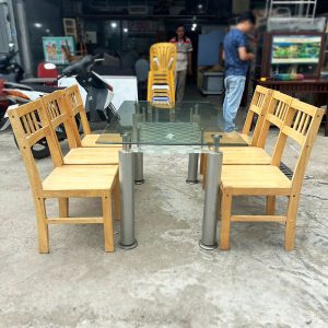 Bộ Bàn Ăn 6 Ghế Gỗ 1m4 Kèm Bàn Mặt Kính Cũ