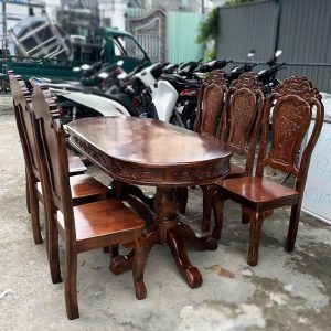 Thanh Lý Bộ Bàn Ăn 6 Ghế Mặt Oval 1m58 Mới 99%