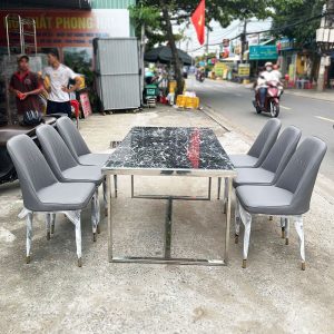 Bộ Bàn Ăn Mặt Đá 1m6 Cũ Kèm 6 Ghế Da Xám