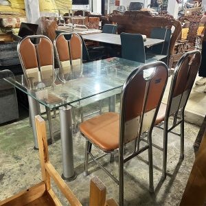 Bộ Bàn Ăn Mặt Kính 1m4 Kèm Ghế Inox Bọc Nệm Cũ