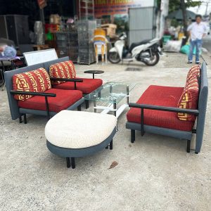 Bộ Sofa 1m5 Bọc Vải Đệm Đỏ Kèm Bàn Kính Cũ