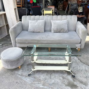 Bộ Sofa 1m8 Bọc Nhung Màu Xám Kèm Bàn Kính Cũ