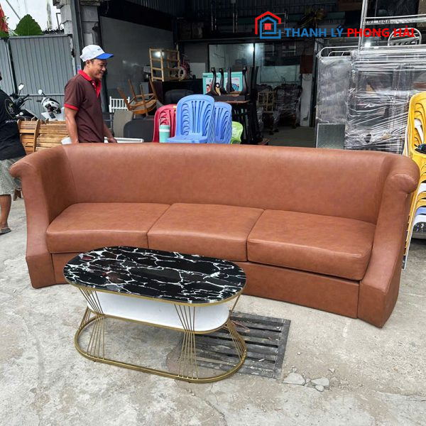 Bộ Sofa Bọc Da Nâu Kèm Bàn Oval Cũ