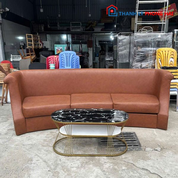 Bộ Sofa Bọc Da Nâu Kèm Bàn Oval Cũ