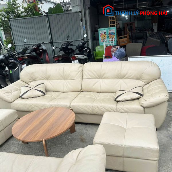 Bộ Sofa Da Cao Cấp 2m9 Kèm Bàn Tròn Gỗ Cũ