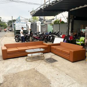 Bộ Sofa Bọc Da Nâu Kèm Bàn Mặt Đá Cũ