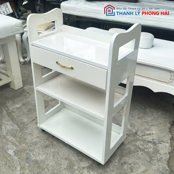 Kệ Gỗ MDF Trắng 58cm Cũ Có Bánh Xe