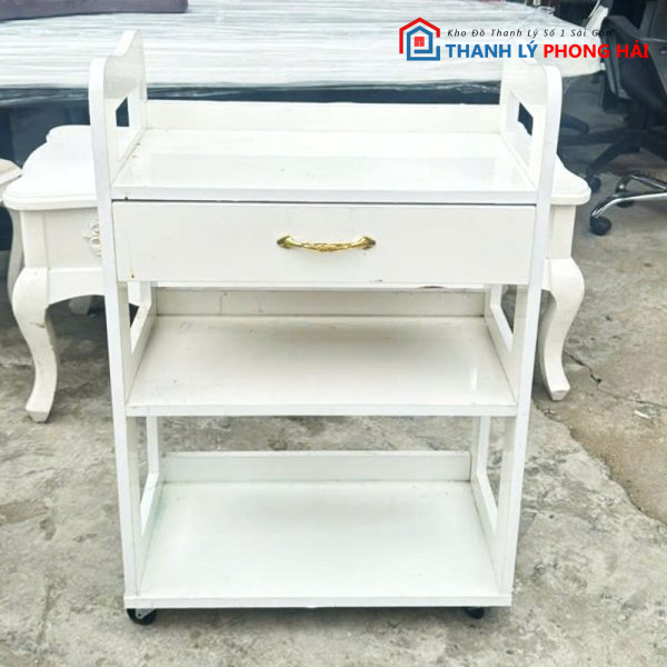 Kệ Gỗ MDF Trắng 58cm Cũ Có Bánh Xe