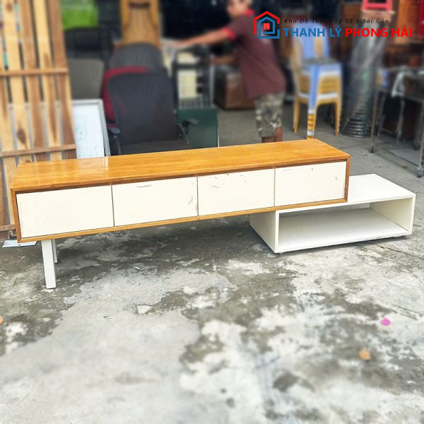 Kệ Tivi Cũ 2m17 Mặt Gỗ Phối Trắng Cũ