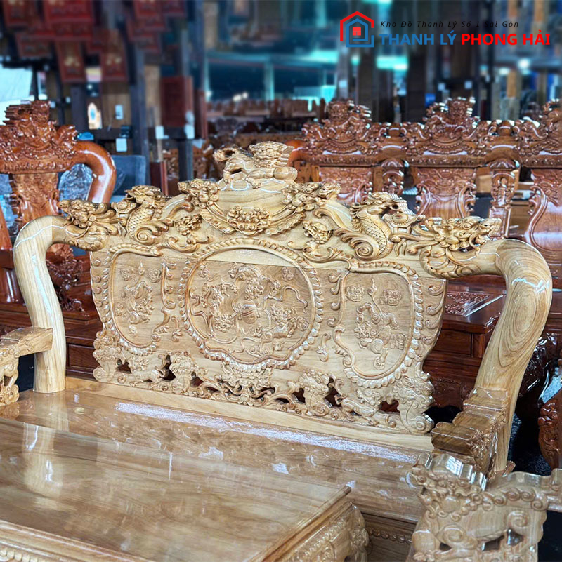 salon-go-go-lung-tam-cham-nghe-1 Salon Gỗ Gõ Lưng Tấm Chạm Nghê Mới 99%