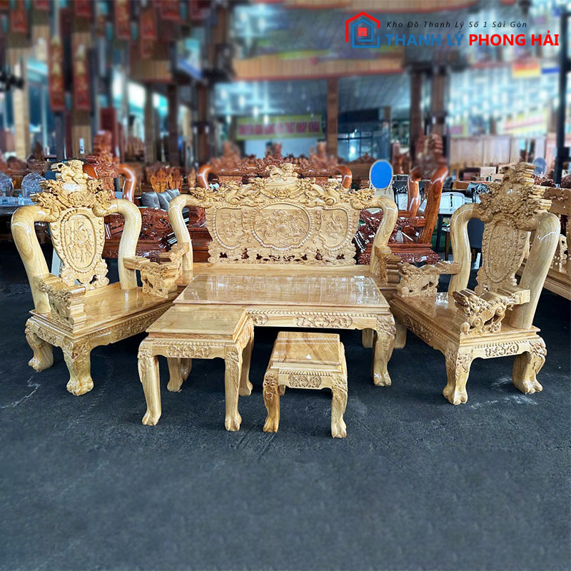 salon-go-go-lung-tam-cham-nghe-2 Salon Gỗ Gõ Lưng Tấm Chạm Nghê Mới 99%
