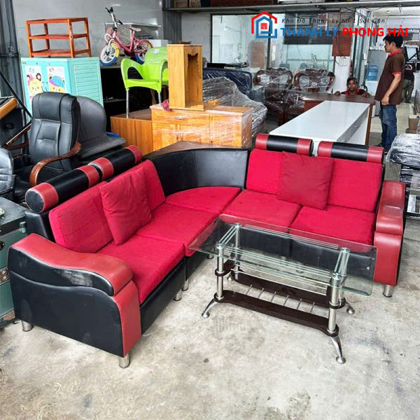 Sofa Góc L 2m Cũ Bọc Đệm Đỏ Đen