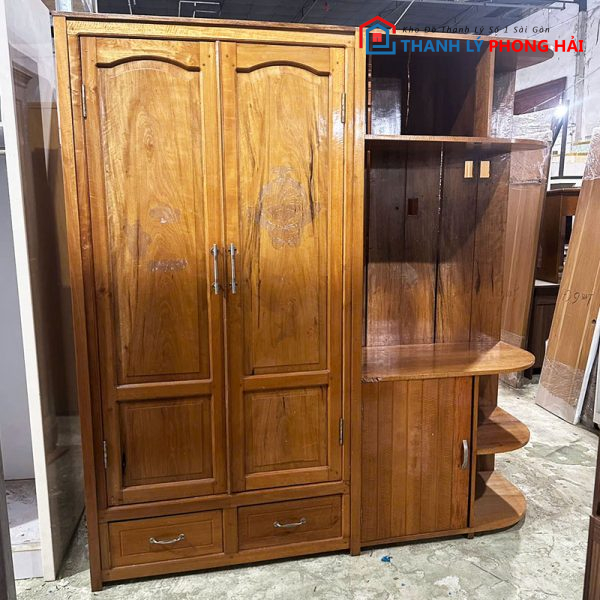 Tủ Quần Áo Gỗ Tự Nhiên 2 Cánh Có Kệ 1m9 Cũ