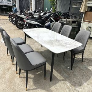 Bộ Bàn Ăn Mặt Đá 1m6 Kèm 6 Ghế Da Mới 99%