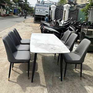 Bộ Bàn Ăn Mặt Đá 1m6 Kèm 6 Ghế Da Mới 99%