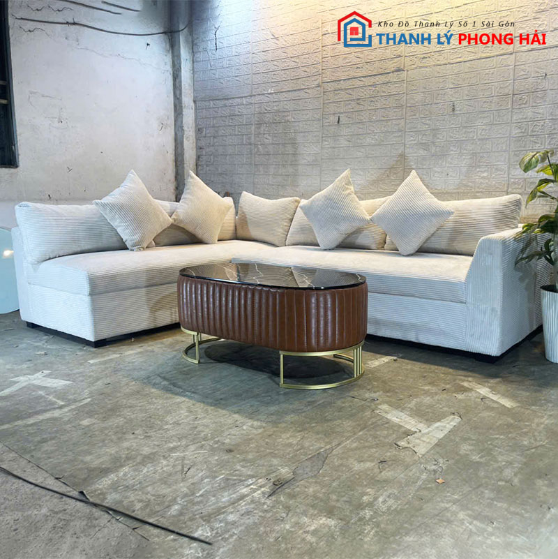 bo-sofa-goc-l-kem-ban-tra-oval-boc-da-1 Bộ Sofa Góc L Kèm Bàn Trà Oval Bọc Da Mới 99%