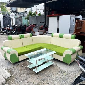 Sofa Góc L 2m Màu Xanh Kèm Bàn Kính Cũ