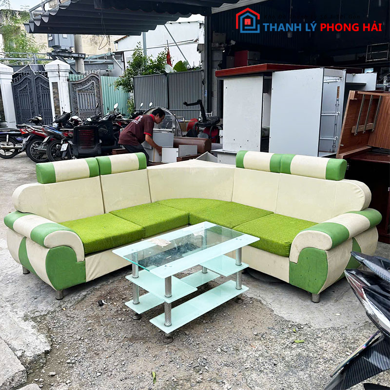sofa-goc-l-2m-mau-xanh-kem-ban-kinh-cu-1 Sofa Góc L 2m Màu Xanh Kèm Bàn Kính Cũ