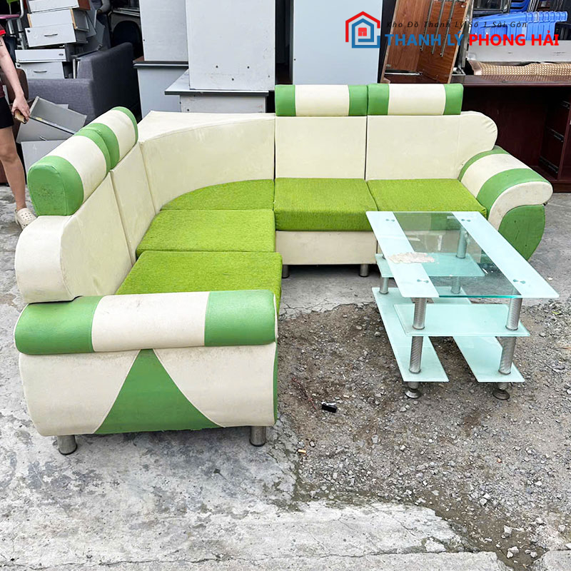 sofa-goc-l-2m-mau-xanh-kem-ban-kinh-cu-2 Sofa Góc L 2m Màu Xanh Kèm Bàn Kính Cũ