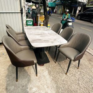 Bộ Bàn Ăn 1m4 Kèm 6 Ghế Bọc Da Cũ