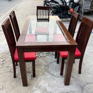 Bộ Bàn Ăn Gỗ Tự Nhiên 1m6 Kèm 5 Ghế Bọc Nệm Đỏ Cũ