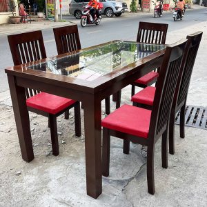 Bộ Bàn Ăn Gỗ Tự Nhiên 1m6 Kèm 5 Ghế Bọc Nệm Đỏ Cũ