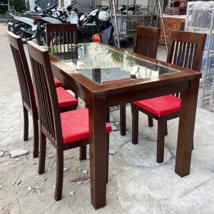 Bộ Bàn Ăn Gỗ Tự Nhiên 1m6 Kèm 5 Ghế Bọc Nệm Đỏ Cũ