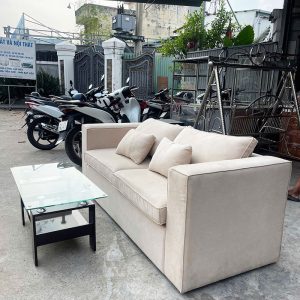 Bộ Sofa Văng Bọc Vải 2m Kèm Bàn Kính Chân Gỗ Cũ
