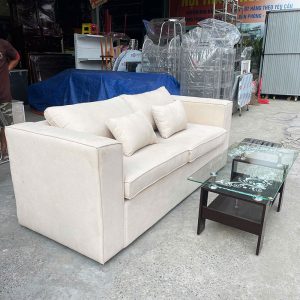 Bộ Sofa Văng Bọc Vải 2m Kèm Bàn Kính Chân Gỗ Cũ