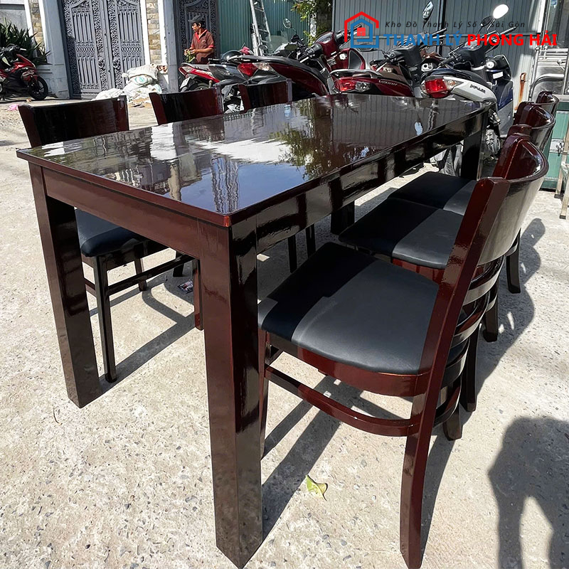 bo-ban-an-cabin-1m6-kem-ghe-nem-den-cu-7 Bộ Bàn Ăn Cabin 1m6 Kèm Ghế Nệm Đen Cũ