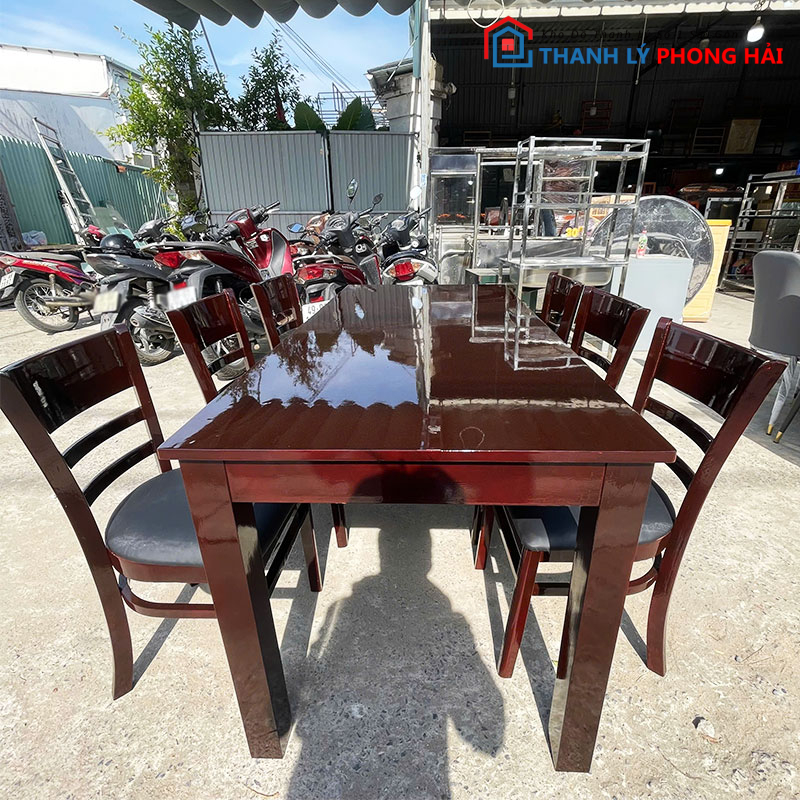 bo-ban-an-cabin-1m6-kem-ghe-nem-den-cu-8 Bộ Bàn Ăn Cabin 1m6 Kèm Ghế Nệm Đen Cũ