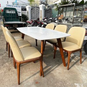 Bộ Bàn Ăn Kèm Ghế Grace Bọc Da Kem 1m8 Cũ