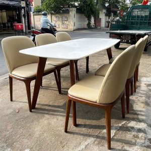 Bộ Bàn Ăn Kèm Ghế Grace Bọc Da Kem 1m8 Cũ