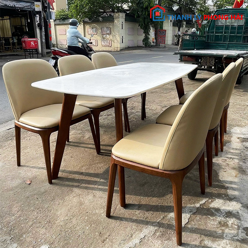 bo-ban-an-kem-ghe-grace-boc-da-kem-3 Bộ Bàn Ăn Kèm Ghế Grace Bọc Da Kem 1m8 Cũ