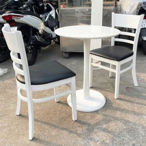 Bộ Bàn Tròn Cafe 2 Ghế Gỗ Cũ Màu Trắng