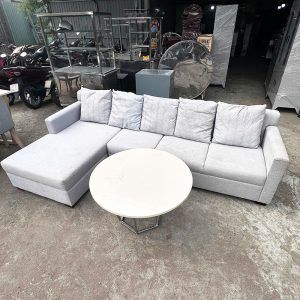 Bộ Sofa Góc L Vải Xám Nhạt 2m5 Kèm Bàn Cũ