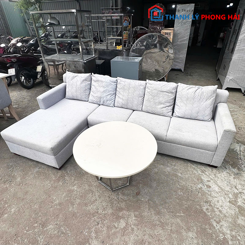 bo-sofa-goc-l-vai-xam-nhat-2m5-kem-ban-cu-1 Bộ Sofa Góc L Vải Xám Nhạt 2m5 Kèm Bàn Cũ
