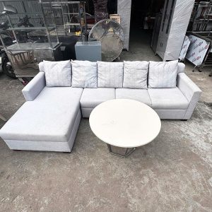 Bộ Sofa Góc L Vải Xám Nhạt 2m5 Kèm Bàn Cũ