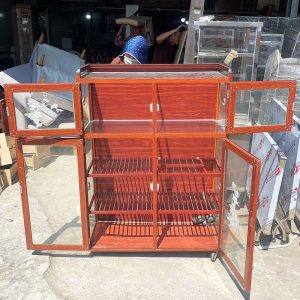 Tủ Chén Nhôm 94cm Có Kính Sơn Giả Gỗ Cũ
