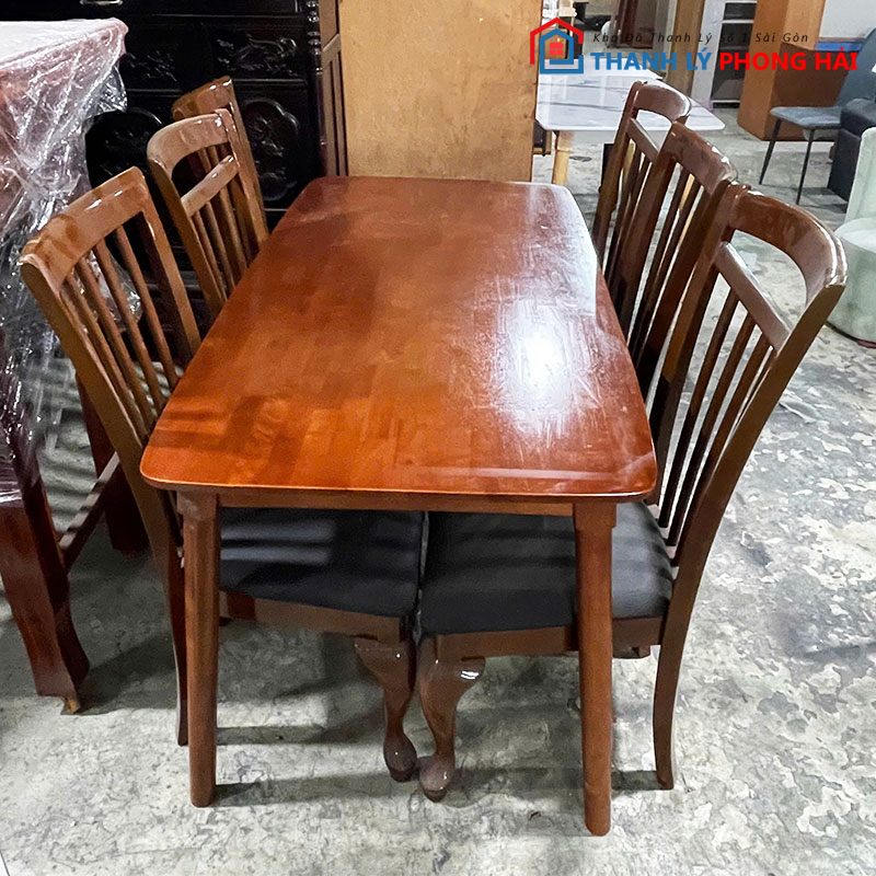 bo-ban-an-go-kem-6-ghe-boc-dem-cu-1 Bộ Bàn Ăn Gỗ Kèm 6 Ghế Bọc Đệm Cũ